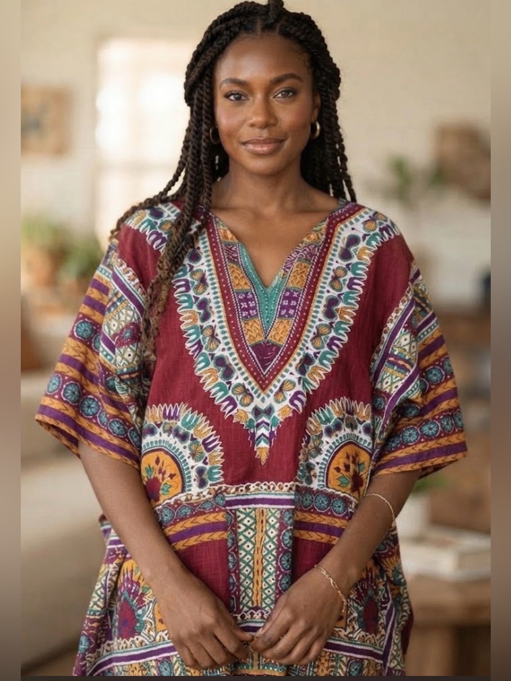 Funky People Burgundy Boho V-Neck Tunic with Teal & Mustard Accents